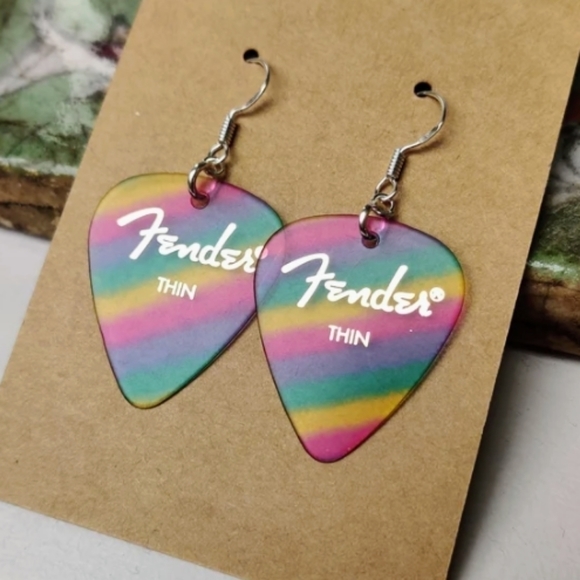 New Unique Colorful Handmade Guitar Pick Silver/Gold Drop Hook Earrings - Picture 3 of 16